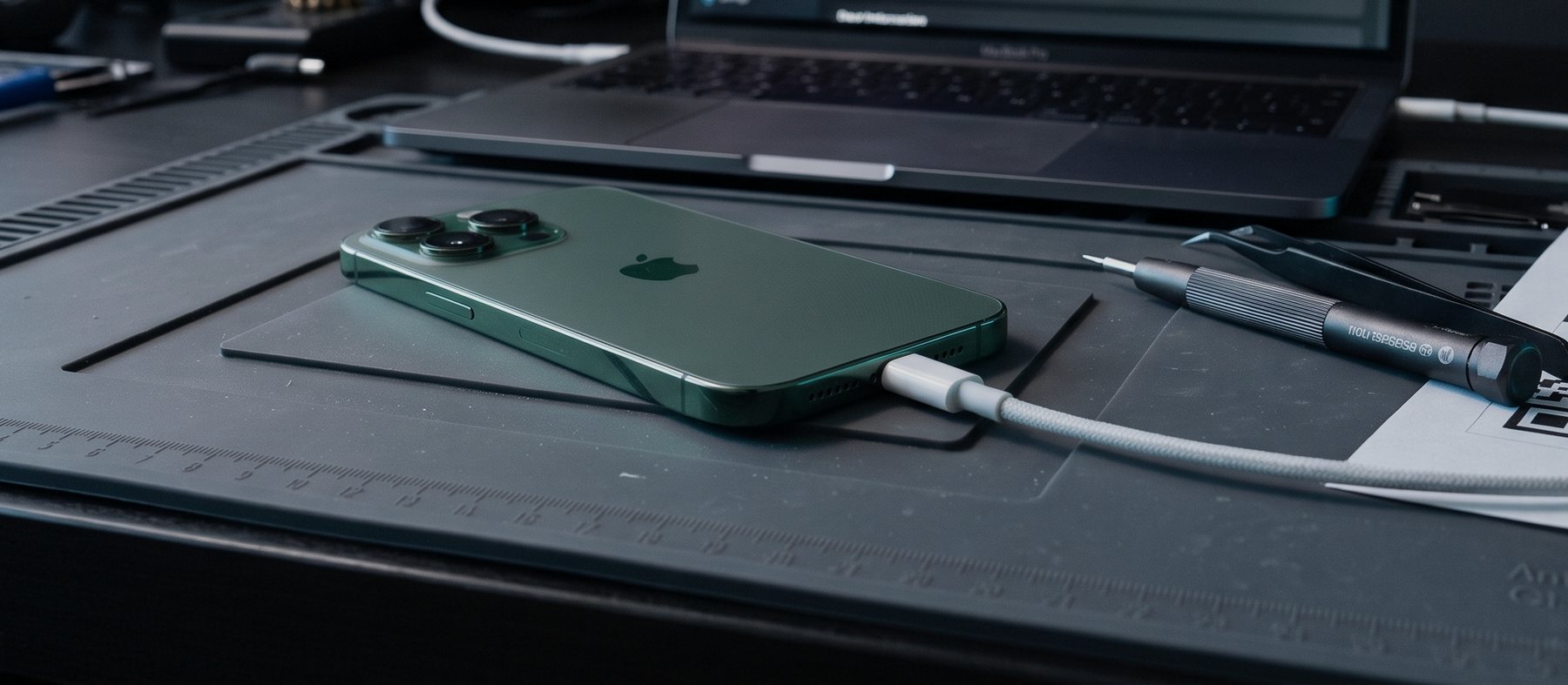 An iPhone connected by USB cable to a laptop on a repair bench.