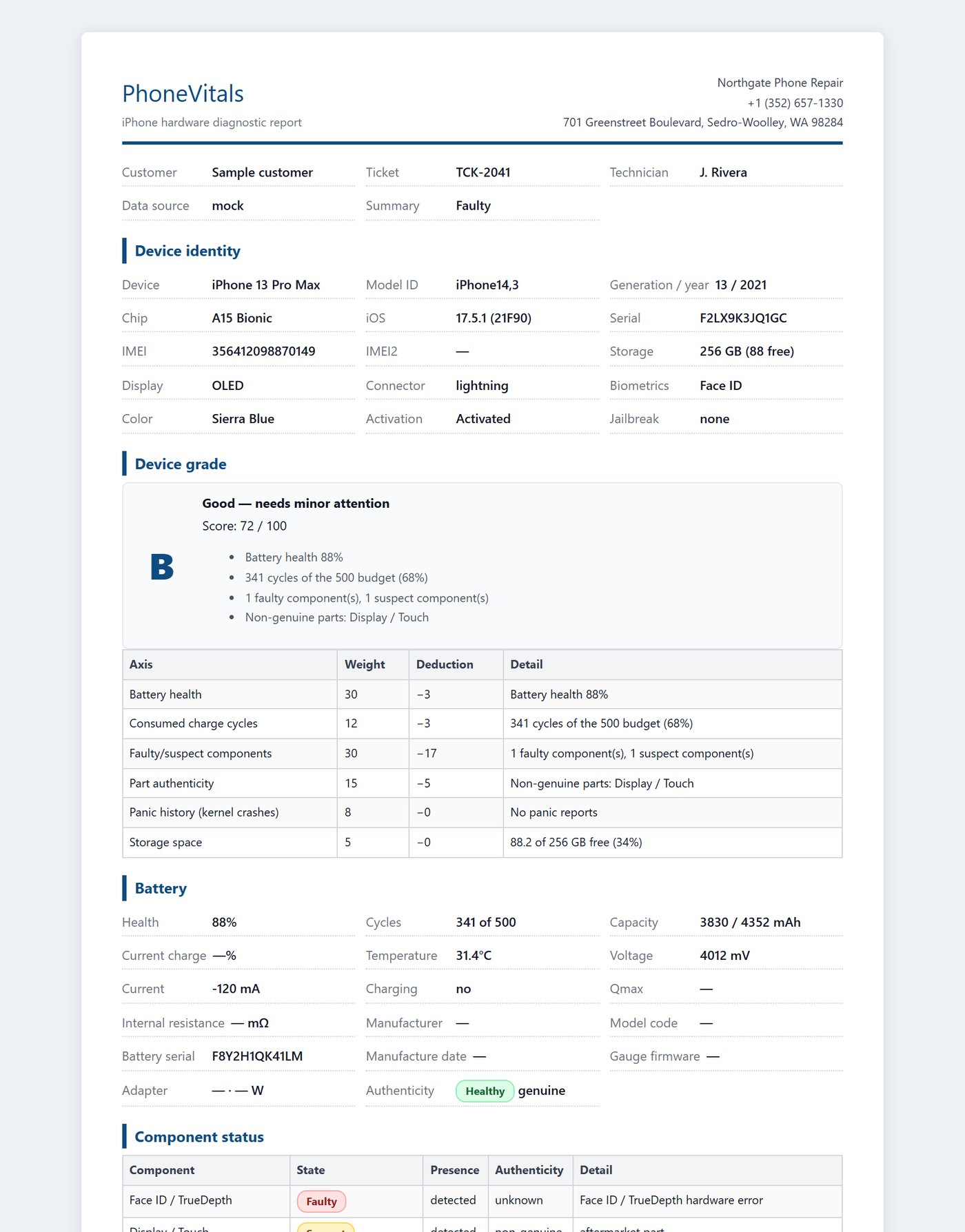 The full printable PhoneVitals report on a shop letterhead.