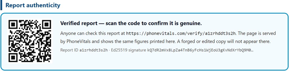 The authenticity seal printed on a report: QR code, report ID and Ed25519 signature.